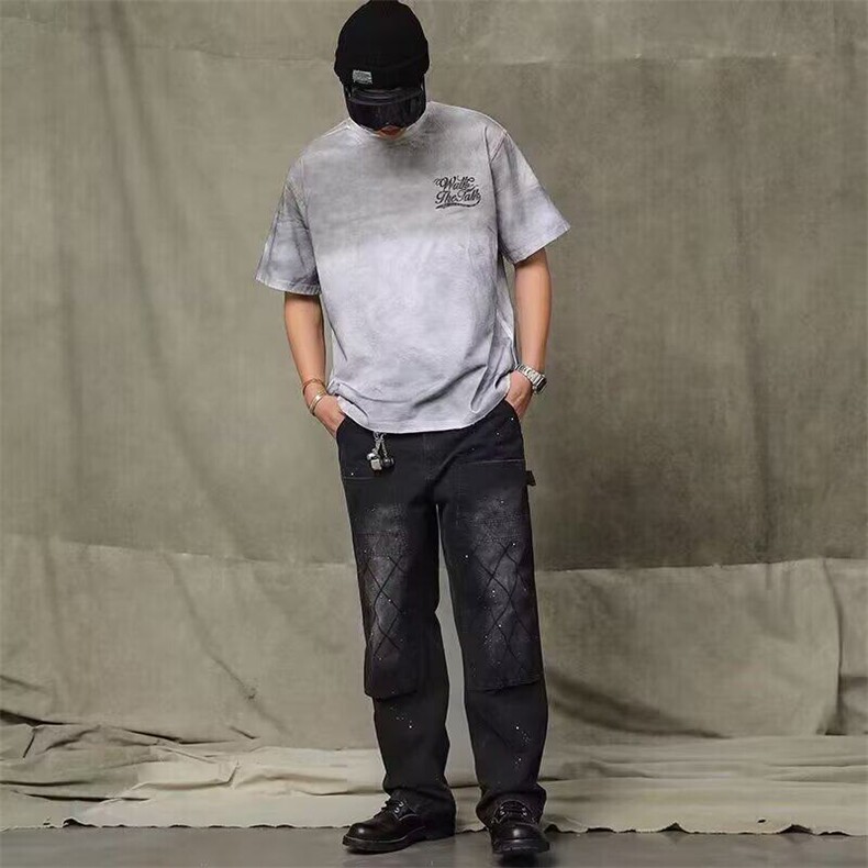 水洗青少年夏季新款2025男士美式机车风甩点网格刺绣工装直筒长裤,男装牛仔裤,星座506A