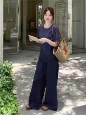 木耳边拼接短袖T恤套装女夏新款时尚慵懒风高腰阔腿裤穿搭两件套，女装套装/套裙，浙宝210（原浙宝191）