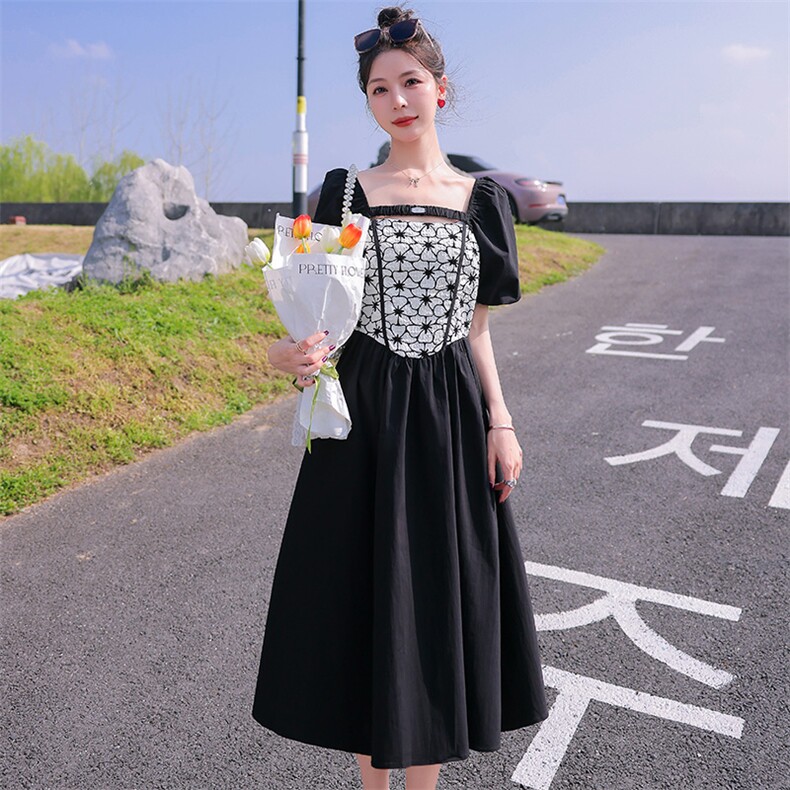 现货2023年夏季新款女装时尚气质显瘦民族风拼接连衣裙,女装连衣裙,韩蜜菓