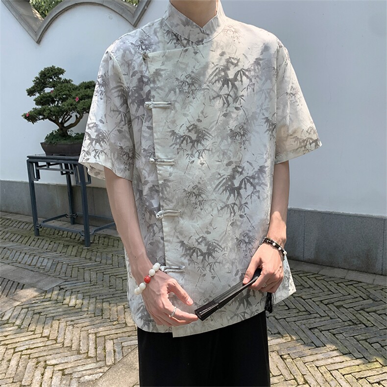 新中式外景竹叶斜门襟棉麻透气立领盘扣衬衫CS35-P65,男装衬衫,电商A021