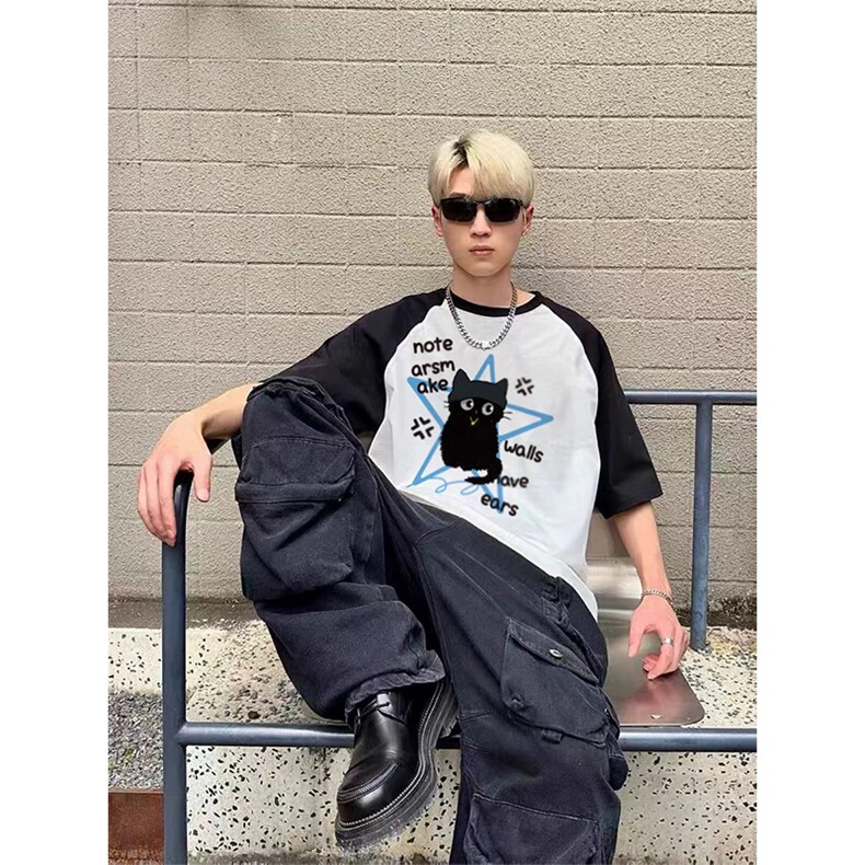 抖音得物供货240克宽松纯棉美式潮牌印花插肩袖拼接短袖T恤AT1518，男装T恤，电商A443