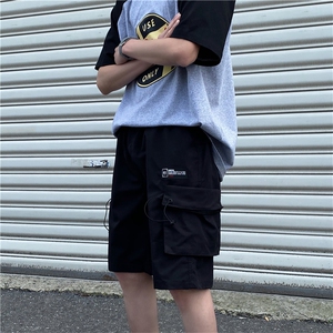 港风夏款男休闲工装抽绳短裤大口袋五分直筒中裤D图片