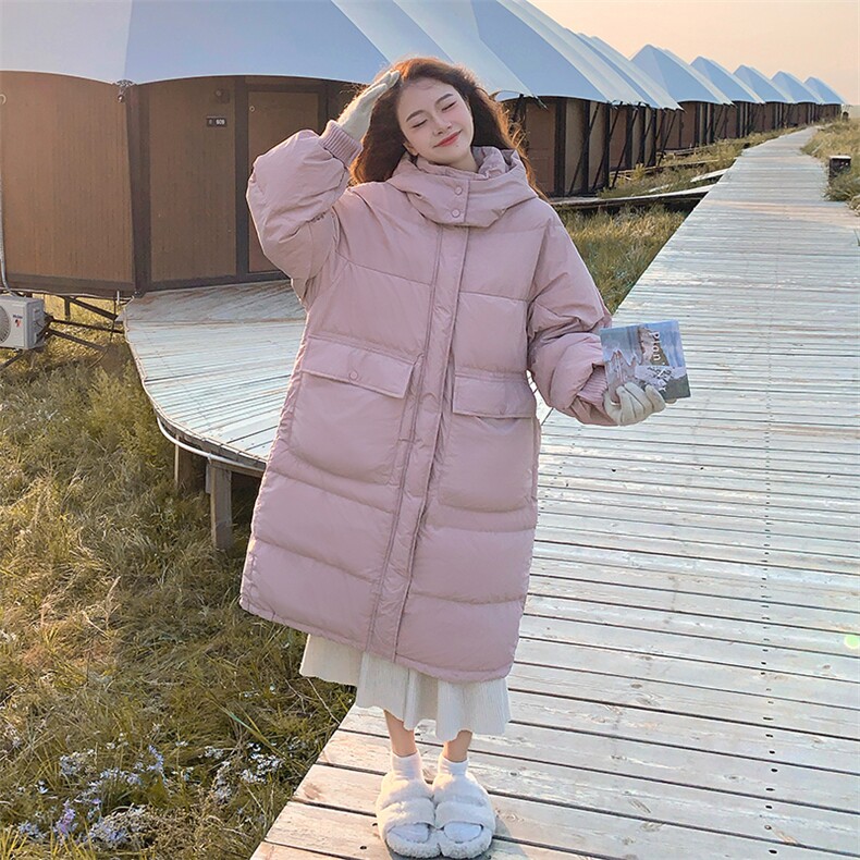 粉色长款羽绒服女过膝冬季新款韩版大被子加厚宽松外套,女装羽绒服,秀美人生