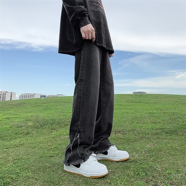 黑灰色毛边牛仔裤男vibe裤子高街美式复古拉链微喇裤GN2803-P45,男装牛仔裤,星座1001-1