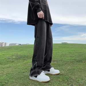 黑灰色毛边牛仔裤男vibe裤子高街美式复古拉链微喇裤 GN2803-P45图片