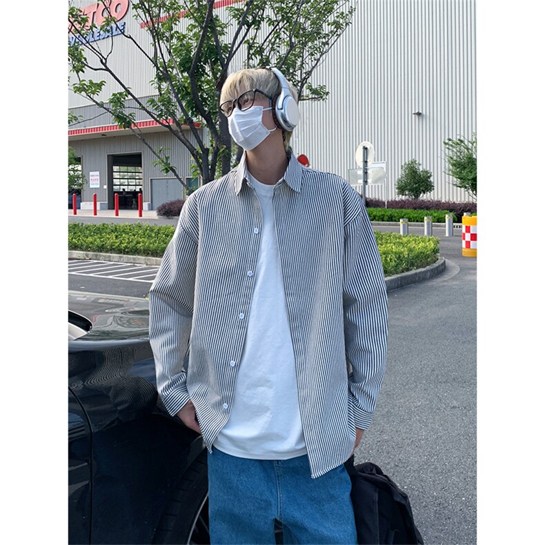 日系复古条纹长袖衬衫男高级感穿搭大码休闲衬衣外套C2251-特价28,男装衬衫,电商A007