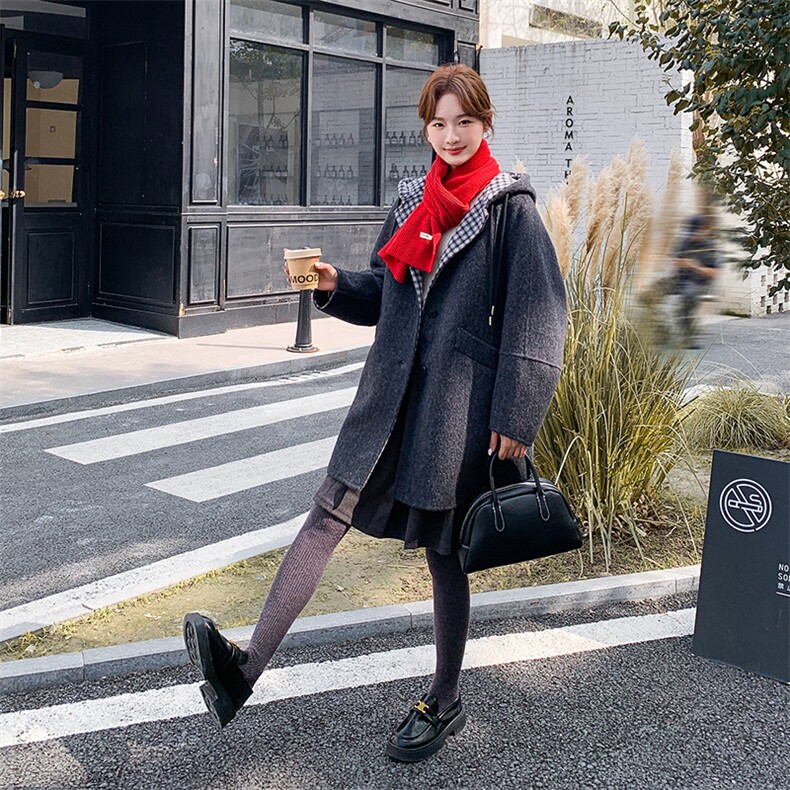 拼接格纹连帽双面呢羊毛大衣2025新款女冬超好看中长款毛呢厚外套,女装毛呢外套,1C151