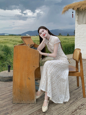 凌茜恣禾冰蚕语白色蕾丝连衣裙女夏绝美新中式改良旗袍薄纱长裙，女装连衣裙，梦白服饰厂