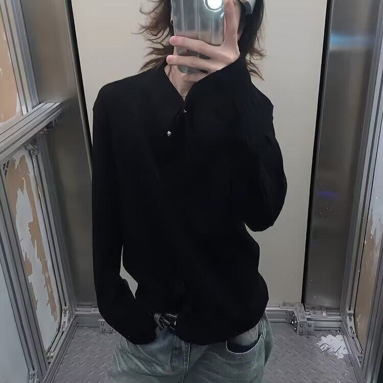 A50-P52针织弹力白色男款百搭立领长袖打底休闲衬衣外穿上衣，男装T恤，电商B323A