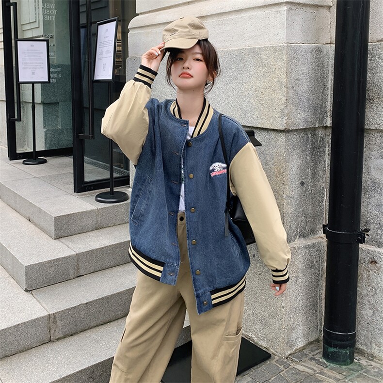 美式复古休闲夹棉牛仔外套女春秋季宽松百搭bf慵懒风棒球服夹克潮,女装牛仔外套,天使之佳话