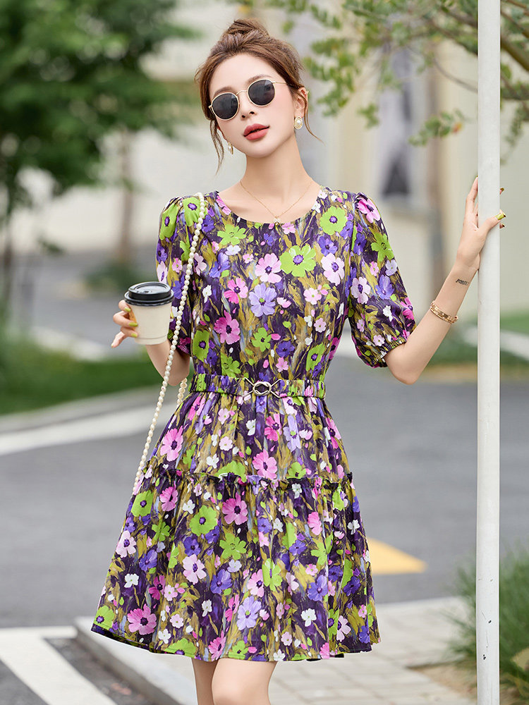 洋气黄色碎花纯棉连衣裙女2025夏新款小个子别致绝美甜美气质裙子,女装连衣裙,美沁