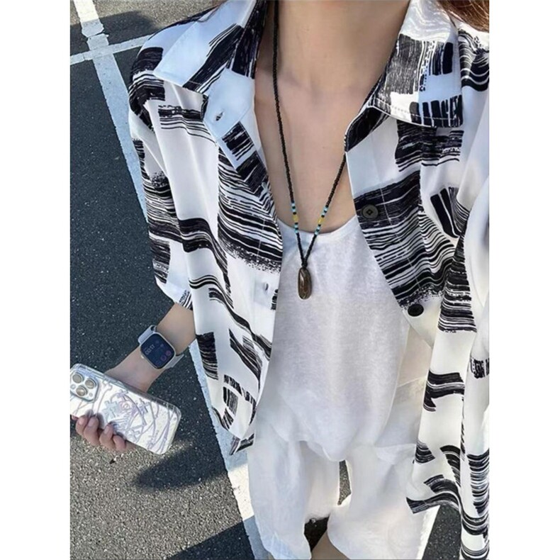 网图！印花男女同款衬衫轻薄透气夏季港风复古-EX50987-特批15，男装衬衫，电商A061