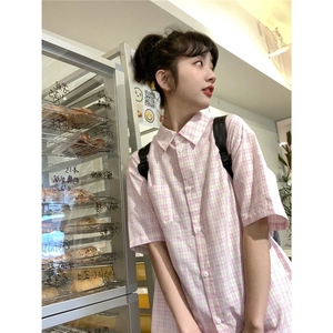 日系港风甜美粉色格子短袖衬衫男女夏季高级设计感小个子上衣外套图片