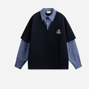 有货。假两件格子衬衫男春秋新款拼接卫衣宽松外套WB651-P45