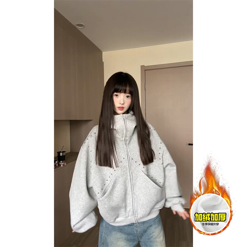 480G重磅加绒硬挺boxy男女美式高街卫衣铆钉杜宾犬耳朵开衫厚外套,女装短外套,电商A486