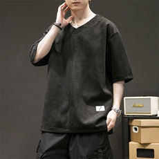 T602P45室内黑洞重磅麂皮绒复古风仙鹤印花短袖t恤男夏季，男装T恤，电商A026