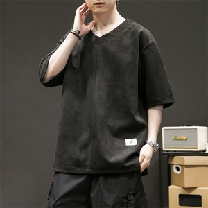 T602 P45 室内黑洞 重磅麂皮绒复古风仙鹤印花短袖t恤男夏季图片