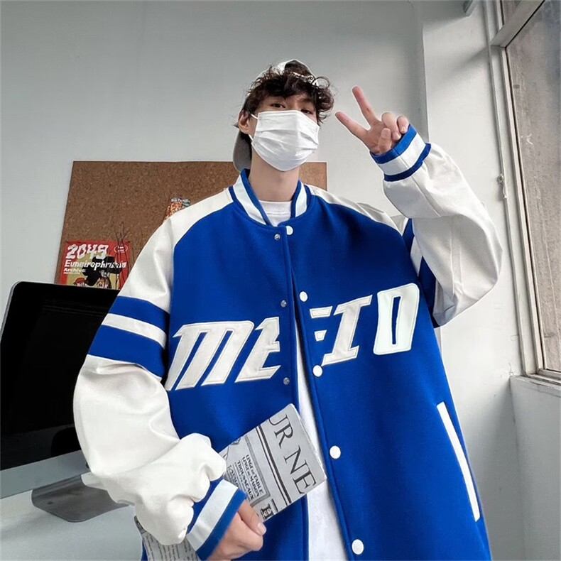 秋季港风潮牌情侣拼接夹克高街字母印花棒球服外套男 W5507-P65图片