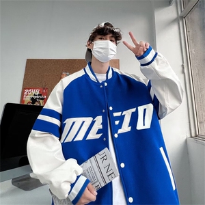 秋季港风潮牌情侣拼接夹克高街字母印花棒球服外套男 W5507-P65图片