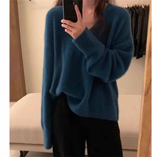 秋冬新款宽松针织v领套头上衣时尚百搭，女装羊绒衫，鹿一羊绒