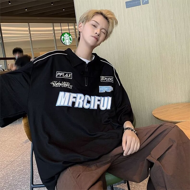 美式棒球领短袖T恤男潮牌宽松高街袖polo衫1001-1-PL017-P35，男装Polo衫，星座1001-1