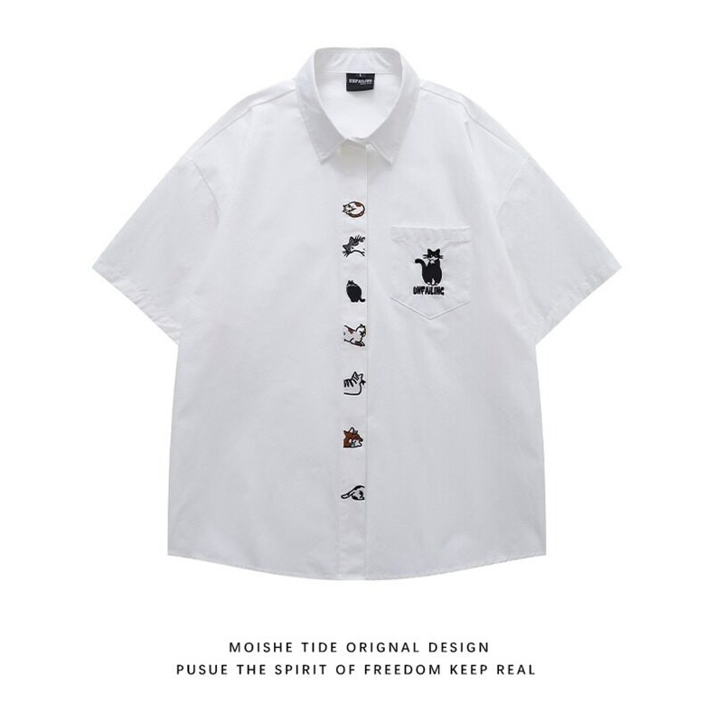 日系小狗刺绣Polo领衬衫男女夏季宽松潮流学院风衬衣CY1203-P35,男装衬衫,星座412-3