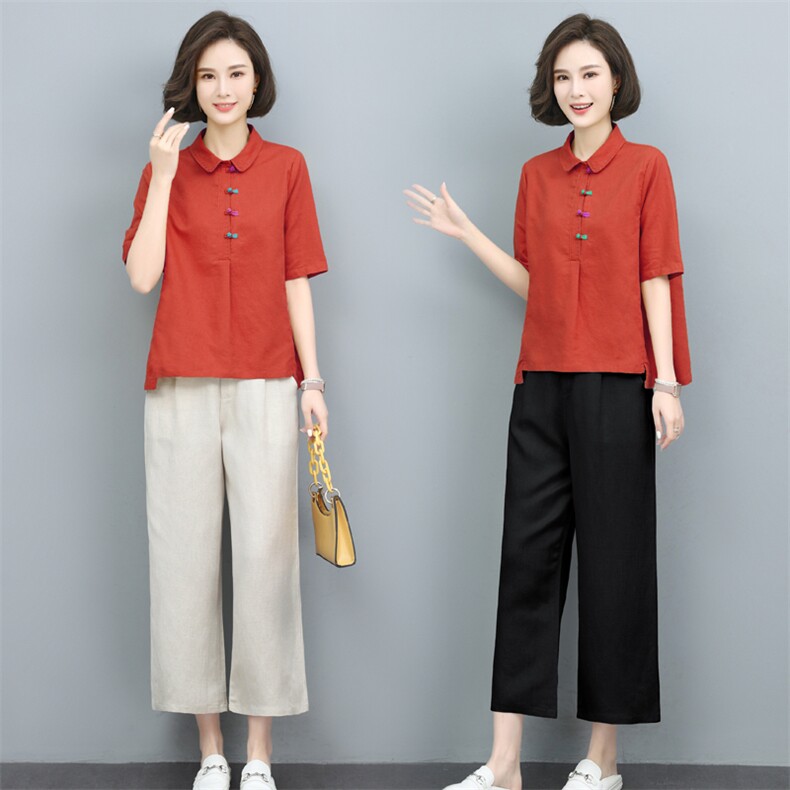妈妈夏装2024新款太洋气时尚短袖棉麻套装中年女夫人一整套装，女装套装/套裙，璐依舞