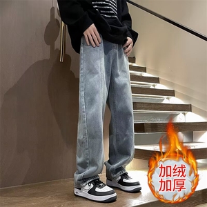 秋冬新款加绒牛仔裤重磅松紧腰男潮牌宽松休闲百搭直筒裤图片