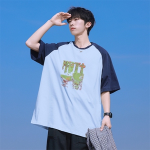 抖音得物高品质二开240克宽松纯棉美式潮牌插肩袖拼接短袖T恤图片