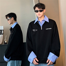 韩版polo衫假两件撞色拼接卫衣长袖男2025春秋季W100-P58，男装Polo衫，电商C307