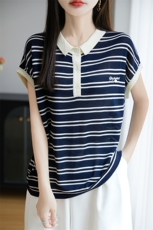 夏季薄款POLO领条纹针织短袖T恤衫女2025新款天丝小个子百搭上衣，女装针织衫/毛衣，郡淞羊绒