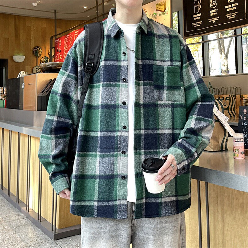 春季小香风衬衫翻领男大皂大码宽松痞帅外套格子衬衣A012/856Tp35,男装衬衫,电商A012