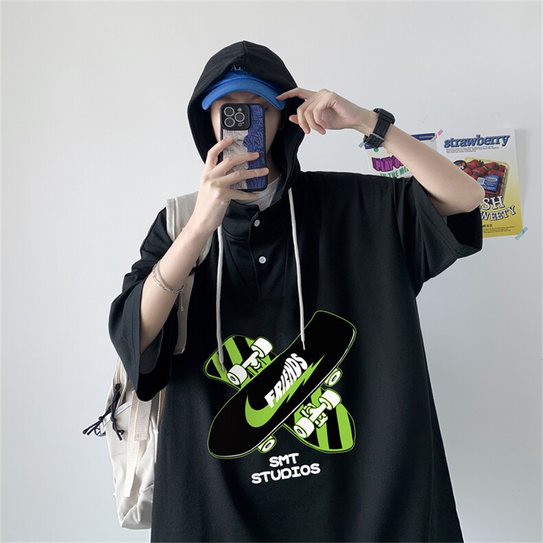 夏季港风冰丝宽松连帽短袖t恤五分体恤上衣TLM2254-P40控58,男装T恤,电商B370