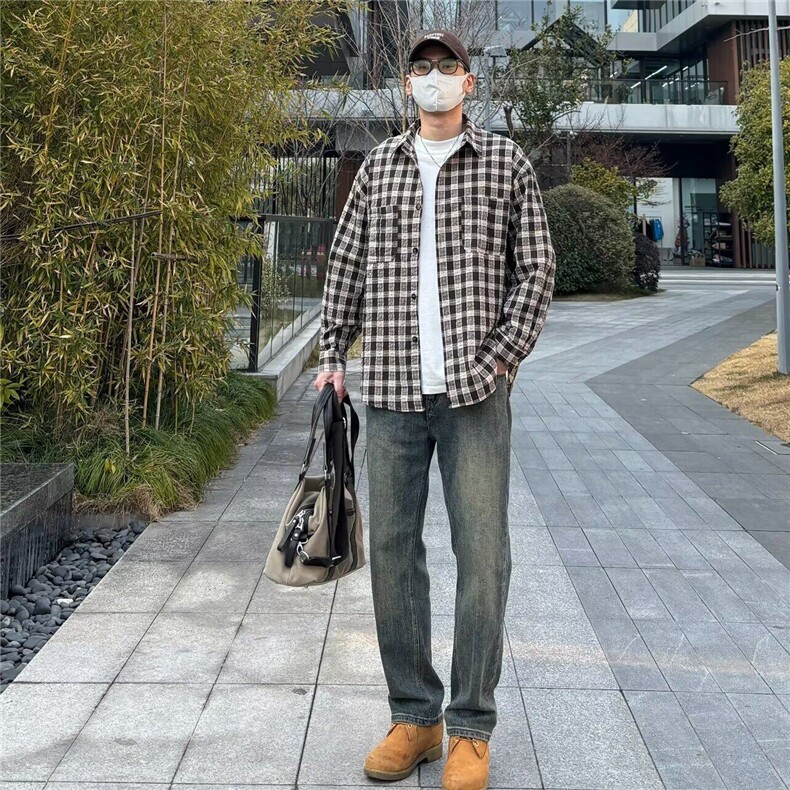 W9738-P48网图现货新款雅痞风衬衫外套宽松叠穿格子衬衣开衫,男装衬衫,星座1608-2