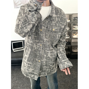 水洗做旧破话线条欧美嘻哈男女潮流外套休闲百搭夹克牛仔提花图片