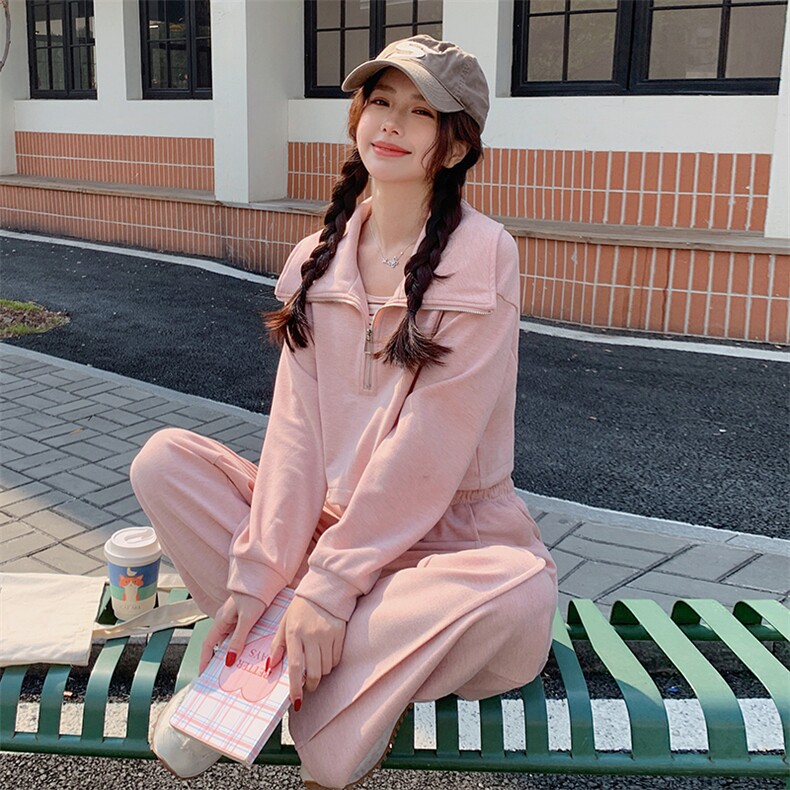 （现货）时尚休闲套装女宽松显瘦翻领卫衣背心阔腿裤三件套潮,女装套装/套裙,韩蔻秀