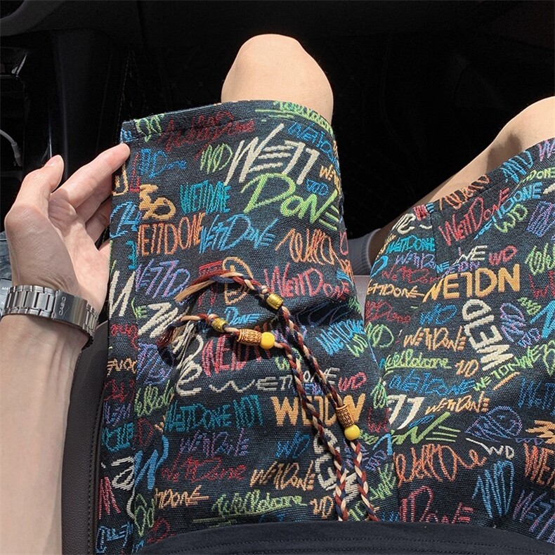 字母涂鸦针织短裤男夏季薄款潮牌美式满印裤子复古沙滩度假五分裤，女装休闲裤，星座1210-1