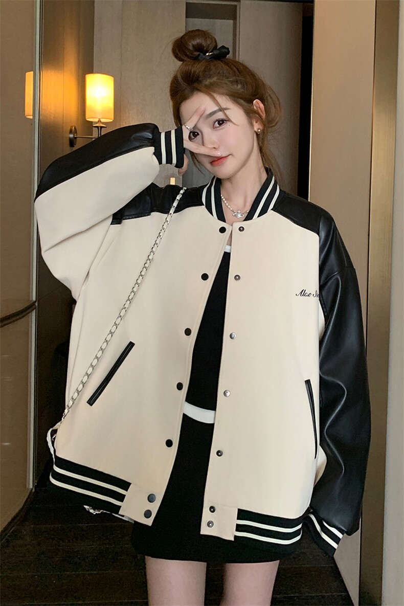 白色短款棒球服外套女春秋2025新款韩系别致甜酷撞色拼接pu皮夹克,女装短外套,2C051