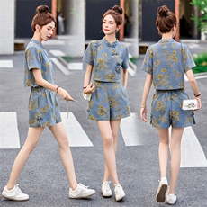 新中式复古盘扣牛仔套装女2025夏季新款小个子印花短裤两件套，女装套装/套裙，关键词