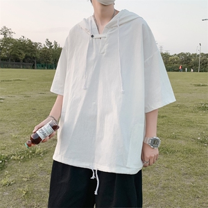 新款黑白纯色男士T恤原宿风个性连帽抽绳潮T恤百搭上衣 T555-P28图片