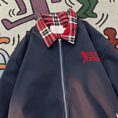 美式格子拼接情侣夹克男秋潮牌假两件刺绣工装宽松外套K106/P68，男装夹克，星座506B