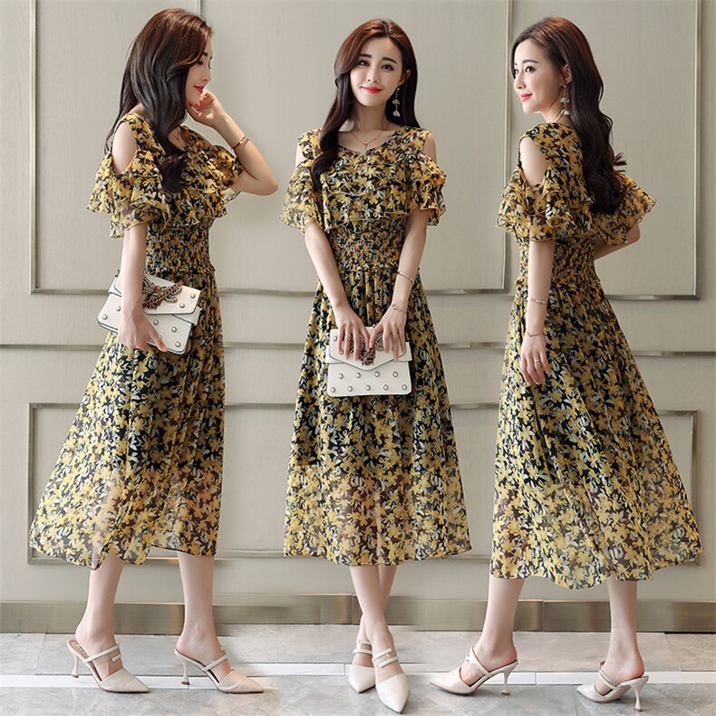 连衣裙雪纺圆领花色套头荷叶袖大摆型2021年夏季短袖中长款荷叶边印花褶皱，女装连衣裙，瑶迪依秀