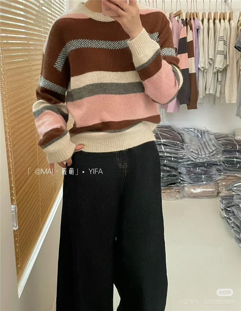 2025年秋季常规通勤单件马海毛撞色时尚百搭提，女装针织衫/毛衣，羿纯羊绒