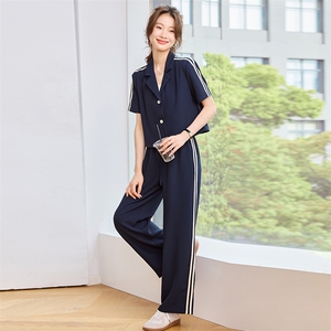 时尚套装女2025夏季新款设计感袖口撞色条纹上衣阔腿直筒裤两件套图片