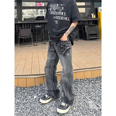 水洗闪电纹牛仔裤男女款ins潮牌高街显瘦微喇叭裤子NA199，男装牛仔裤，星座516A