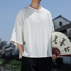 2025夏季风七分袖立领上衣盘扣休闲纯色T恤宽松大码T2510-P60，男装T恤，电商A008