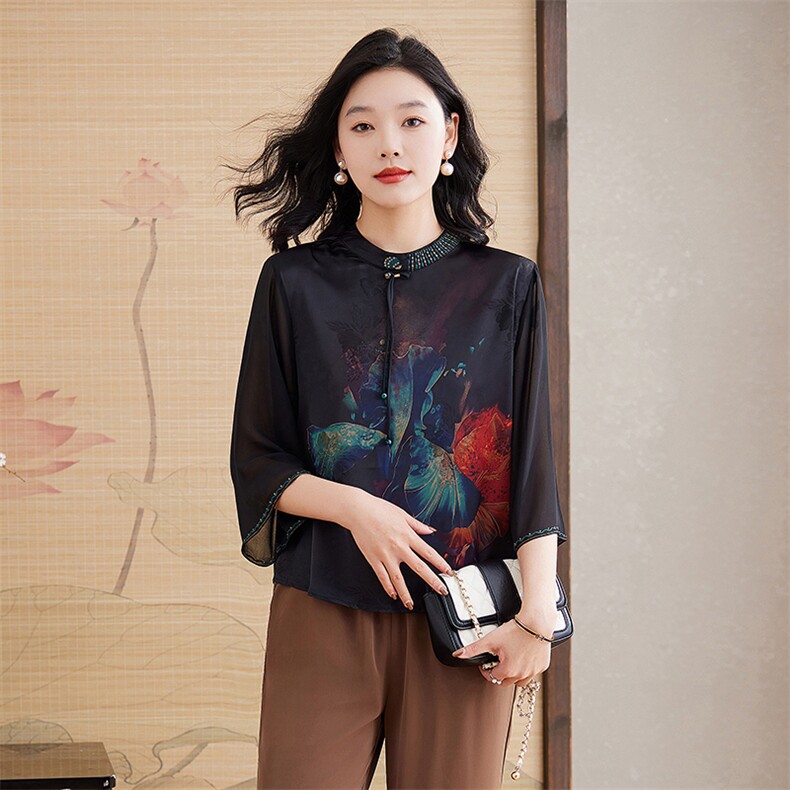 新中式中老年重磅真丝半袖上衣夏季妈妈女桑蚕丝时尚T恤衫,女装衬衫,媚琳依坊
