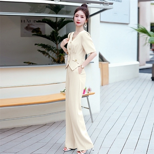 短袖西装阔腿裤两件套女2025夏新款洋气减龄气质干练职业西服套装图片