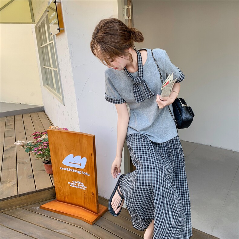:夏装新款拼接格子T恤＋格子半身裙套装裙2C135-8818P145K208,女装套装/套裙,2C135