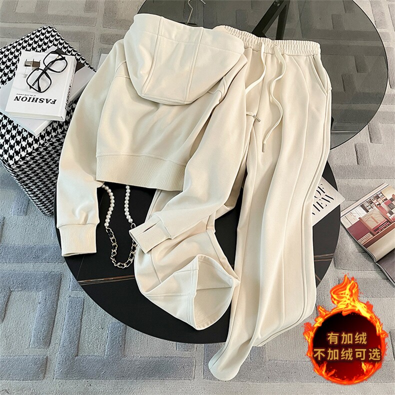 时尚加绒保暖纯色外套+阔腿裤套装显瘦百搭休闲两件套,女装套装/套裙,江南